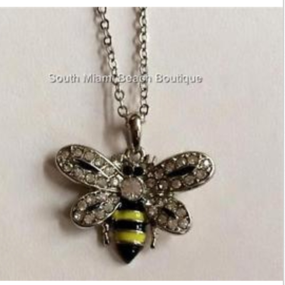 Silver Tone Bumble Bee Necklace Crystal 16-18" Yellow Black Enamel Insect Bug
